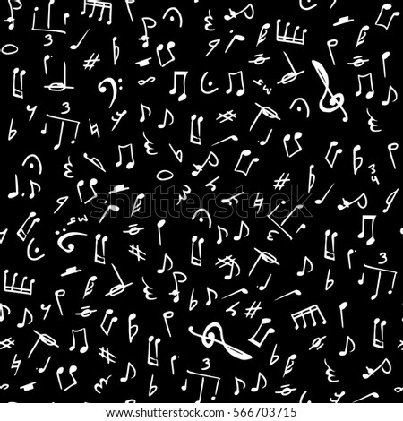Abstract music notes on seamless pattern background. Vector musical illustration melody decoration. White notes and other music simbols on black background