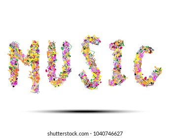 Abstract music notes on Music text colorful background,G-clef and musical notation.Symbols value.Music staff. Vector illustration  isolated  for Brochure,Poster,banner