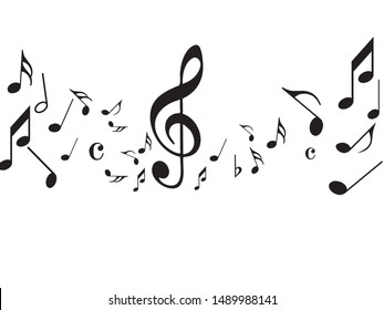 Abstract music notes  wave background. Black G-clef and music notes isolated 