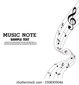 Abstract music notes  wave background. Black G-clef and music notes isolated 