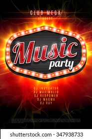 Abstract music party background for music event design. Retro light frame on red flame background. vector illustration