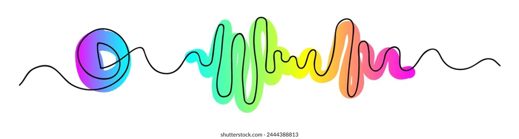 Abstract music player soundbar with play button line drawing. Doodle outline illustration. Vector illustration isolated on white background.