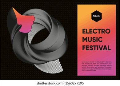 Abstract Music Poster With 3d Shapes. Experimental Minimal Art Design. Dance Techno Festival Background With Guilloche Lines. Night Part Flyer Template.