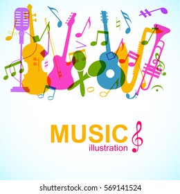 Abstract music poster with colorful musical instruments and notes silhouettes on light background vector illustration