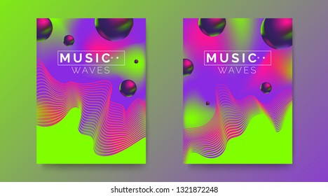 abstract music poster design.creative brochure with dynamic waves 3 d spheres on vibrant gradient background