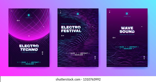 Abstract Music Poster with Distorted Wave Lines. Electronic Sound Event, DJ Party Flyer. Banner in Purple Neon for Techno Music Festival. Wave Technology Background with 3d Round. House Music Concept.