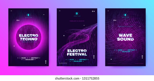 Abstract Music Poster with Distorted Wave Lines. Electronic Sound Event, DJ Party Flyer. Banner in Purple Neon for Techno Music Festival. Wave Technology Background with 3d Round. House Music Concept.
