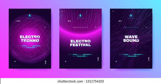 Abstract Music Poster with Distorted Wave Lines. Electronic Sound Event, DJ Party Flyer. Banner in Purple Neon for Techno Music Festival. Wave Technology Background with 3d Round. House Music Concept.