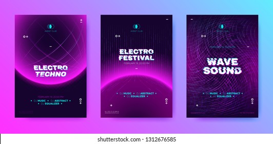 Abstract Music Poster with Distorted Wave Lines. Electronic Sound Event, DJ Party Flyer. Banner in Purple Neon for Techno Music Festival. Wave Technology Background with 3d Round. House Music Concept.