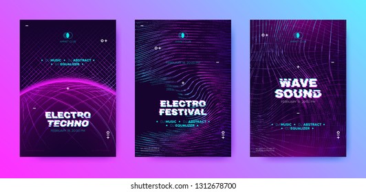 Abstract Music Poster with Distorted Wave Lines. Electronic Sound Event, DJ Party Flyer. Banner in Purple Neon for Techno Music Festival. Wave Technology Background with 3d Round. House Music Concept.