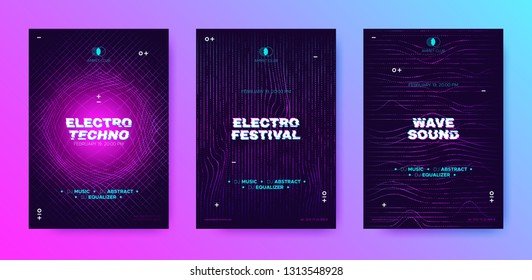 Abstract Music Poster with Distorted Wave Lines. Electronic Sound Event, DJ Party Flyer. Banner in Purple Neon for Techno Music Festival. Wave Technology Background with 3d Round. House Music Concept.