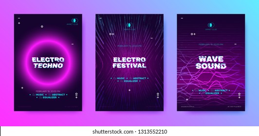 Abstract Music Poster with Distorted Wave Lines. Electronic Sound Event, DJ Party Flyer. Banner in Purple Neon for Techno Music Festival. Wave Technology Background with 3d Round. House Music Concept.