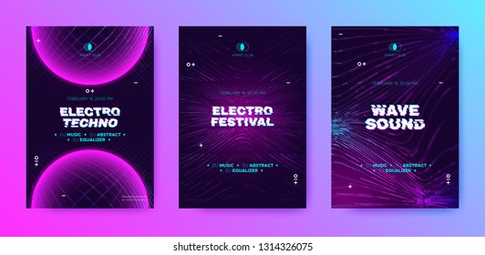 Abstract Music Poster with Distorted Wave Lines. Electronic Sound Event, DJ Party Flyer. Banner in Purple Neon for Techno Music Festival. Wave Technology Background with 3d Round. House Music Concept.