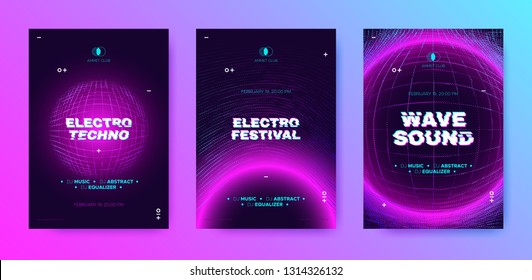 Abstract Music Poster with Distorted Wave Lines. Electronic Sound Event, DJ Party Flyer. Banner in Purple Neon for Techno Music Festival. Wave Technology Background with 3d Round. House Music Concept.