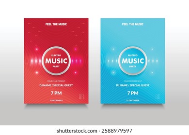 Abstract Music Poster with Distorted Wave Lines. Electronic Sound Event, DJ Party Flyer. Banner in Red and Blue for Techno Music Festival.Wave Technology Background with 3d Round. House Music Concept.
