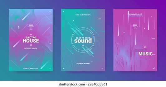 Abstract Music Poster. Electro Dance Flyer. Vector Edm Background. Gradient Wave Round. Abstract Music Poster. Psychedelic Festiv Banner. Techno Sound Cover. Abstract Music Posters Set.