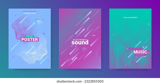 Abstract Music Poster. Electro Dance Flyer. Vector Dj Background. Gradient Wave Line. Abstract Music Posters Set. Technology Festival Banner. Techno Sound Cover. Abstract Music Poster.