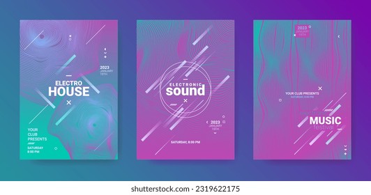 Abstract Music Poster. Electronic Dance Cover. Vector Edm Background. Gradient Distort Lines. Abstract Music Poster. Minimal Festiv Banner. Techno Sound Flyer. Abstract Music Posters Set.