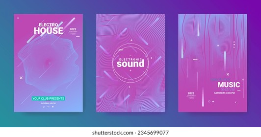 Abstract Music Poster. Electronic Dance Flyer. Vector 3d Background. Gradient Distort Lines. Abstract Music Poster. Geometric Fest Banner. Techno Sound Cover. Abstract Music Posters Set.