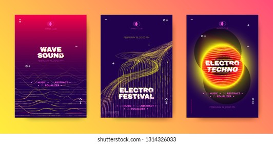 Abstract Music Poster, Electronic Party Flyer, Wave Line. Illusion Effect and Movement of Dotted Striped Grid. Night Club Posters Design, Techno Festival Promotion. Futuristic Flyer or Poster Concept.