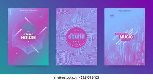 Abstract Music Poster. Electronic Party Cover. Vector 3d Background. Gradient Wave Round. Abstract Music Posters Set. Futuristic Festival Illustration. Techno Sound Flyer. Abstract Music Poster.