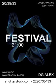 Abstract music poster, line pattern style. Trendy vector illustration, black background, flyer cover banner for festival. Modern minimalist design template, gradient wave print, electro sound dynamic.