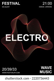 Abstract music poster, line pattern style. Modern minimalist design template, gradient wave print, electro sound dynamic. Trendy vector illustration, black background, flyer cover banner for festival.