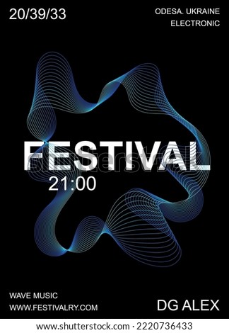 Abstract music poster, line pattern style. Trendy vector illustration, black background, flyer cover banner for festival. Modern minimalist design template, gradient wave print, electro sound dynamic.