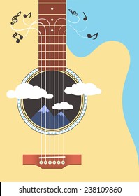 abstract music poster. mountains and clouds seen through a guitar deck
