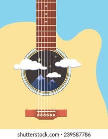 abstract music poster. mountains and clouds seen through a guitar deck
