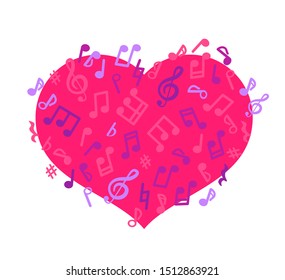 Abstract Music Poster. Vector concept, I love music. layout with flying notes and pink heart. Isolated On white background.