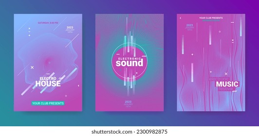 Abstract Music Posters Set. Electro Party Cover. Vector Edm Background. Gradient Distort Lines. Abstract Music Poster. Minimal Festival Banner. Techno Sound Flyer. Abstract Music Poster.