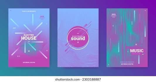 Abstract Music Posters Set. Electro Party Flyer. Vector Dj Background. Gradient Wave Circle. Abstract Music Poster. Technology Festival Banner. Techno Sound Cover. Abstract Music Poster.