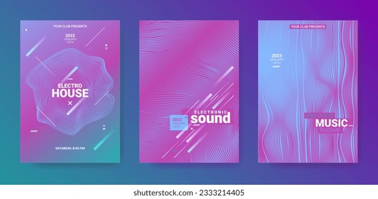 Abstract Music Posters Set. Electronic Dance Flyer. Vector 3d Background. Gradient Wave Circle. Abstract Music Poster. Psychedelic Fest Illustration. Techno Sound Cover. Abstract Music Poster.