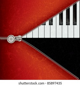abstract music red background with piano and open zipper