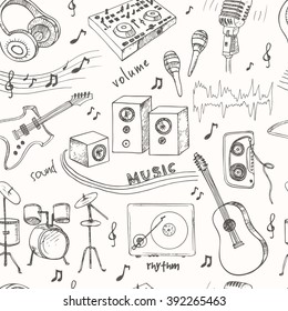 Abstract Music seamless pattern with musical instruments. Hand drawing Doodle,vector illustration. Useful for gift cards, packaging, design and interior decorating.