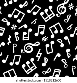 Abstract music seamless pattern of music notes. White notes on a black background. Vector illustration melody.