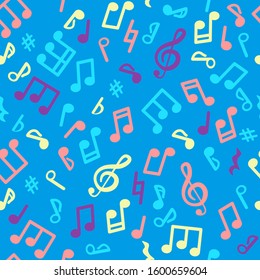 Abstract music seamless pattern of music notes. Bright colored notes on a blue background. Vector illustration melody.