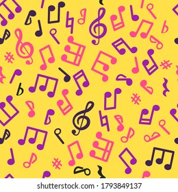 Abstract music seamless pattern of music notes. Bright colored notes on a yellow background. Vector illustration melody.