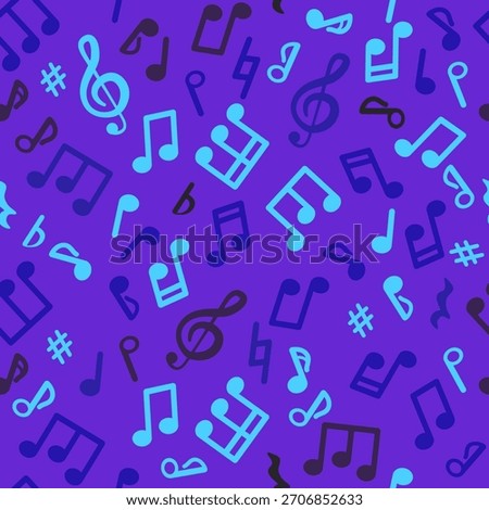 Abstract music seamless pattern of music notes. blue, red and violet music background. Vector illustration melody.