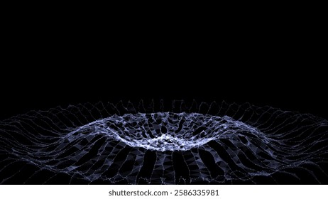 Abstract music sound wave with dots and lines. Dark cyberspace with moving particles. Vector futuristic purple circle wave with digital database. Big data analytics.