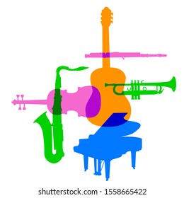 abstract music vector illustration with piano, sax, violine, trumpet and guitar