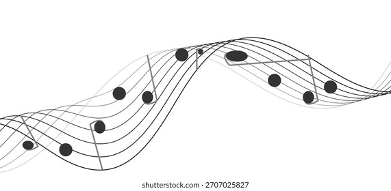Onda de música Abstractas con notas y líneas curvas del personal a través de un lienzo blanco.
