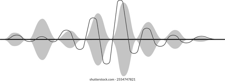 Abstract music wave and radio signal frequency merging into a digital voice visualization, creating a vibrant tune equalizer vector set against a clean white background