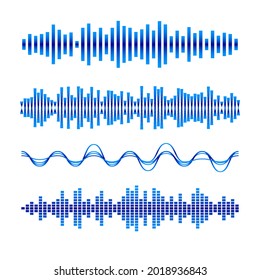 Abstract Music Waves Set. Blue Audio Soundtrack, Musical Vibrations. Radio Wave Icons. Music Frequency on White