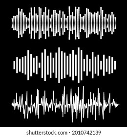 Abstract Music Waves Set. Monocolor Audio Soundtrack, Musical Vibrations. Radio Wave Icons. Music Frequency on Black Background