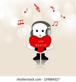 Abstract musical background, cute smiling boy with headphone enjoying music.