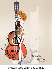 Abstract musical background with a fashion girl in hat, musicians, treble clef, notes. Guitar and saxophone.