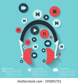 Abstract musical background with flat web icons.