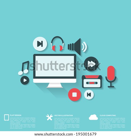 Abstract musical background with flat web icons.